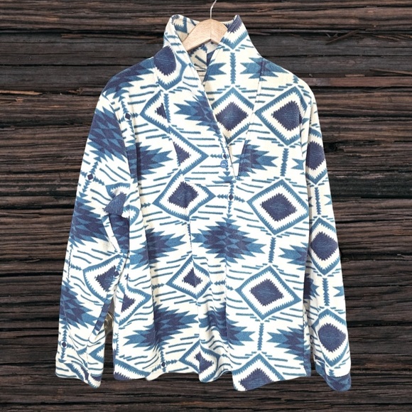 Blue and White Boxy Button Down Top with Mandarin Collar - Picture 1 of 4